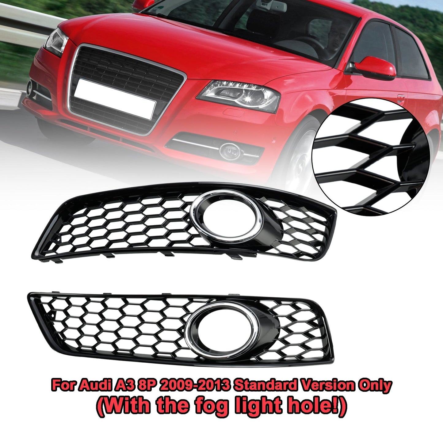 2009-2013 Audi A3 8P Standard Version Honeycomb Front Bumper Fog Light Grille Cover