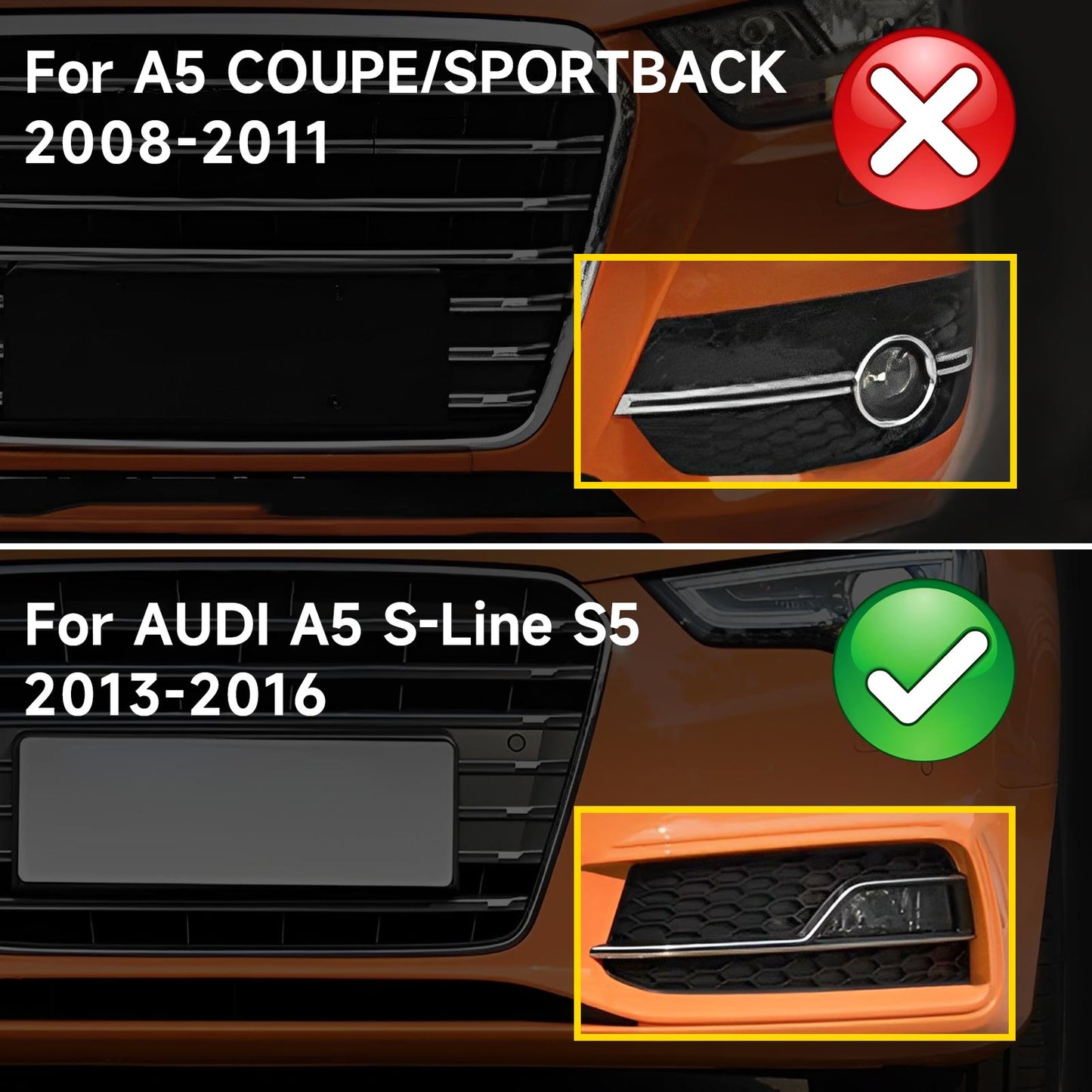 2013-2016 Audi A5 S-Line S5 Black Front Fog Lamp Trim Grill — Pair