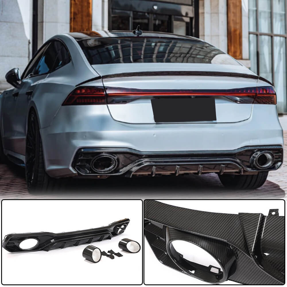 Audi S7 A7 Sline C8 2019-2022 Rear Bumper Diffuser Valance Lip with Exhaust Pipes Dry Carbon Fiber