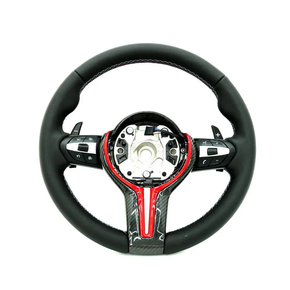 BMW Universal M Series F Series X3 F25 / X4 F26 / X5 F15 / X6 F16 & more Steel Fork Design Steering Wheel with Carbon Fiber trim cover Red/Blue (Paddles+Buttons+Carbon fiber Trim Cover+Flat Bottom)