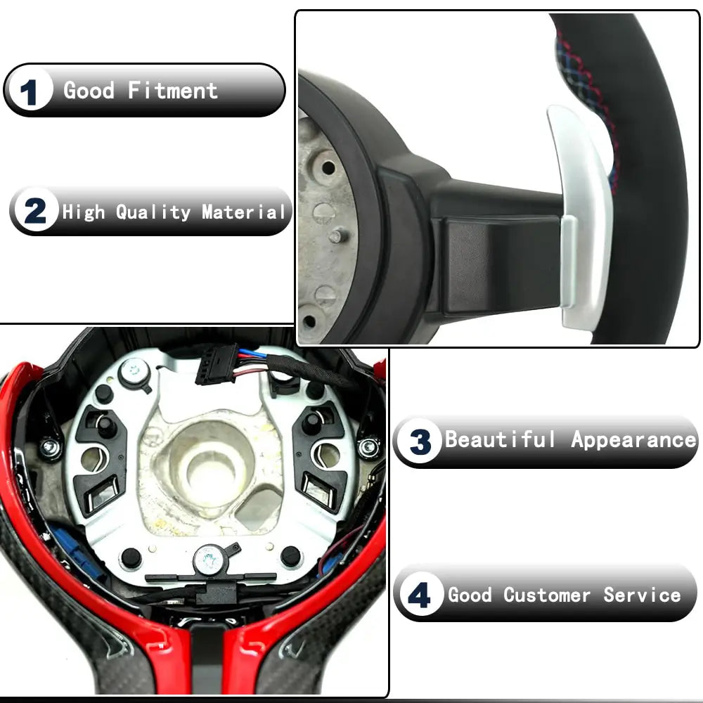 BMW Universal M Series F Series X3 F25 / X4 F26 / X5 F15 / X6 F16 & more Steel Fork Design Steering Wheel with Carbon Fiber trim cover Red/Blue (Paddles+Buttons+Carbon fiber Trim Cover+Flat Bottom)