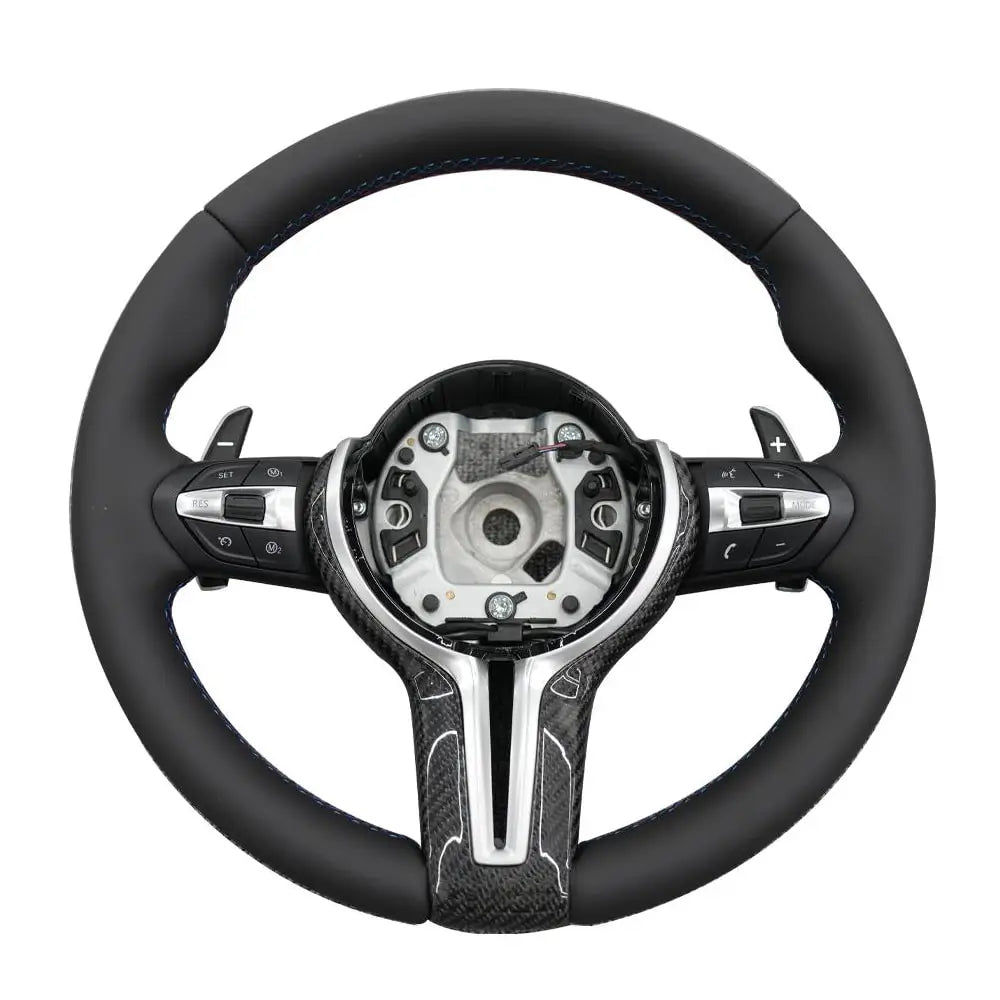 BMW Universal M series M3 M4 F series F30 F10 F15 F16 Leather Steering Wheel Upgraded with Carbon Fiber Steering Wheel Trim Cover (Paddles+Buttons+Carbon fiber Trim Cover+Flat Bottom)
