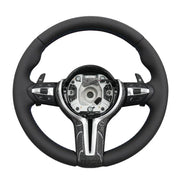 BMW Universal M series M3 M4 F series F30 F10 F15 F16 Leather Steering Wheel Upgraded with Carbon Fiber Steering Wheel Trim Cover (Paddles+Buttons+Carbon fiber Trim Cover+Flat Bottom)
