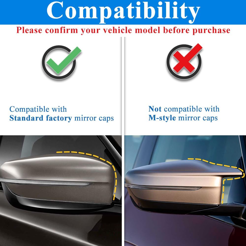 Compatibility chart for car mirror cover caps with standard factory and M-style mirror caps.