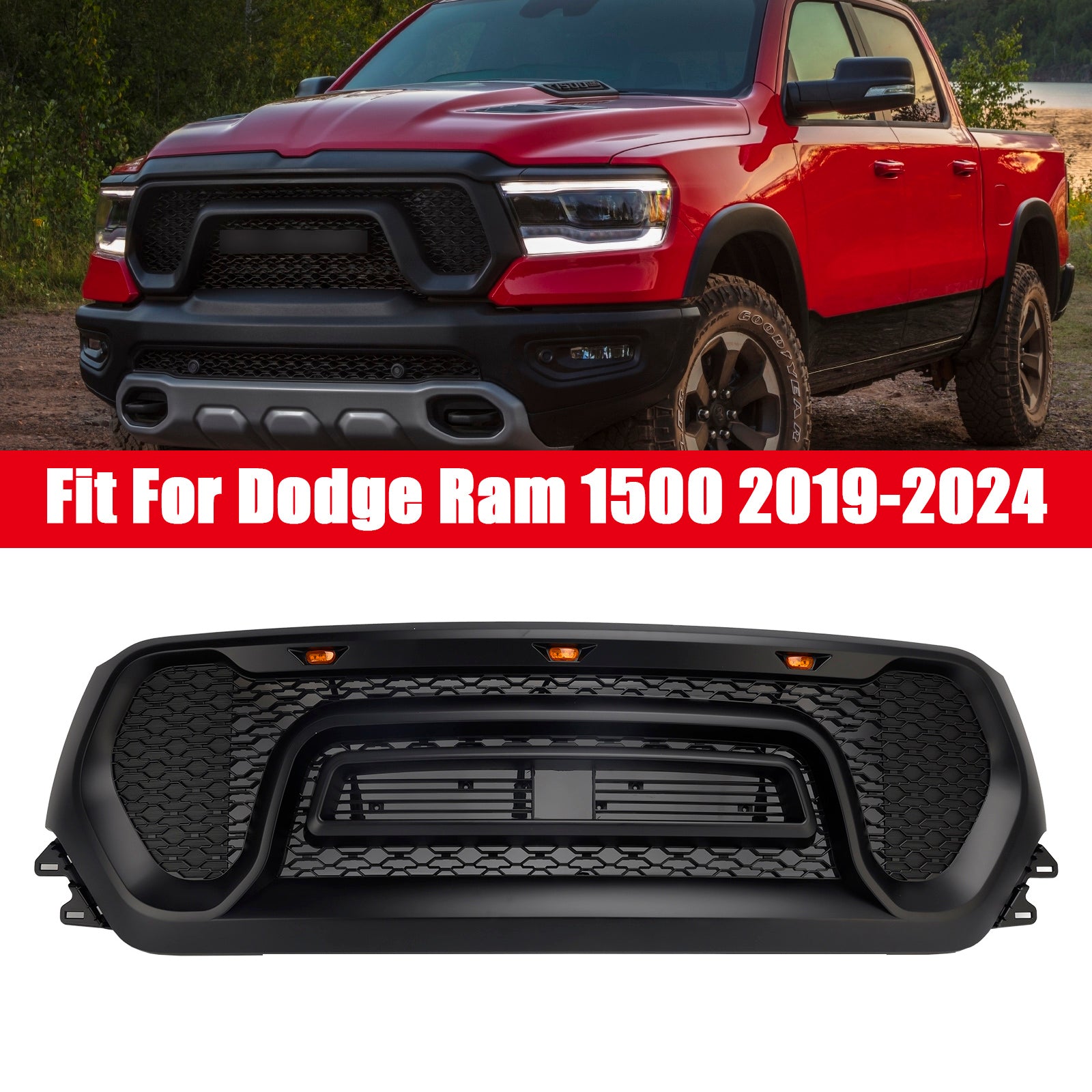 2019-2024 Dodge Ram 1500 Black Front Honeycomb Upper Hood Grille