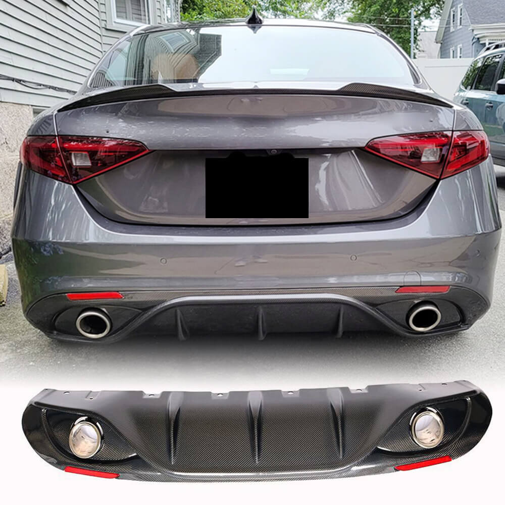 Alfa Romeo Giulia 952 Base 2015-2020 Rear Bumper Diffuser Carbon Fiber W/ Exhaust Tips Tailpipe