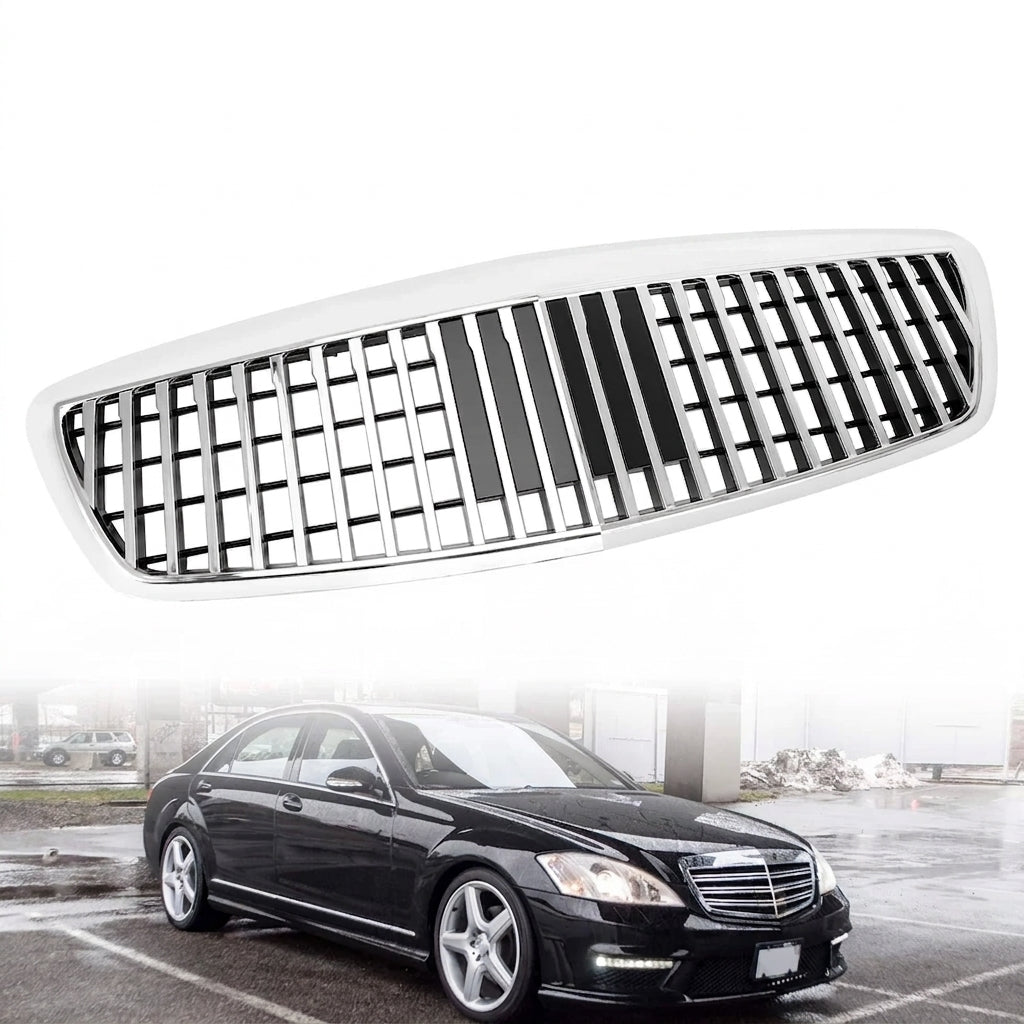 Maybach-style chrome front grille for 2007-2009 Mercedes-Benz S-Class W221 with a polished finish and grid design.