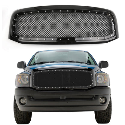 2006-2008 Dodge Ram 1500 2500 3500 Mesh Style Rivet Front Hood Grille — Black/Chrome