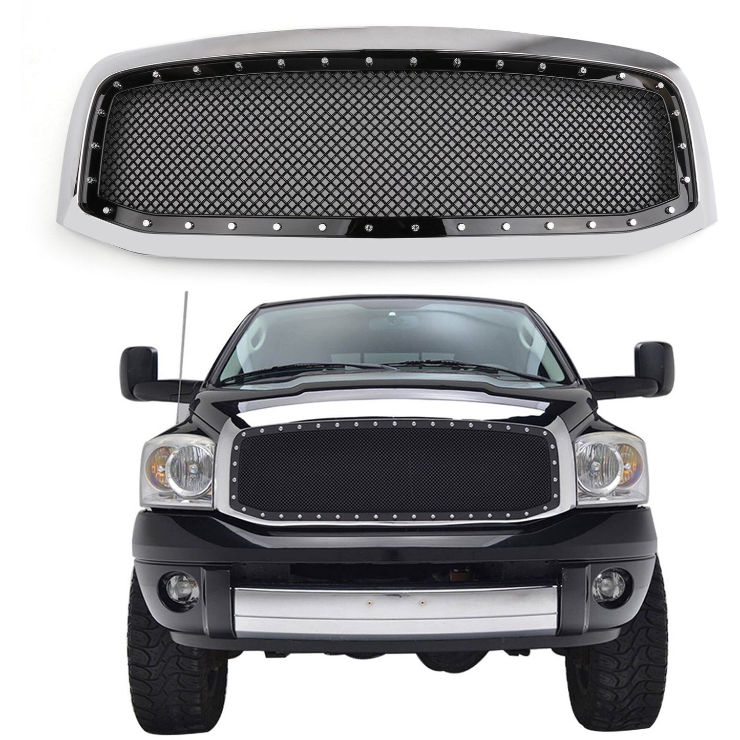 2006-2008 Dodge Ram 1500 2500 3500 Mesh Style Rivet Front Hood Grille — Black/Chrome