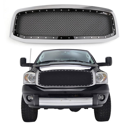 2006-2008 Dodge Ram 1500 2500 3500 Mesh Style Rivet Front Hood Grille — Black/Chrome