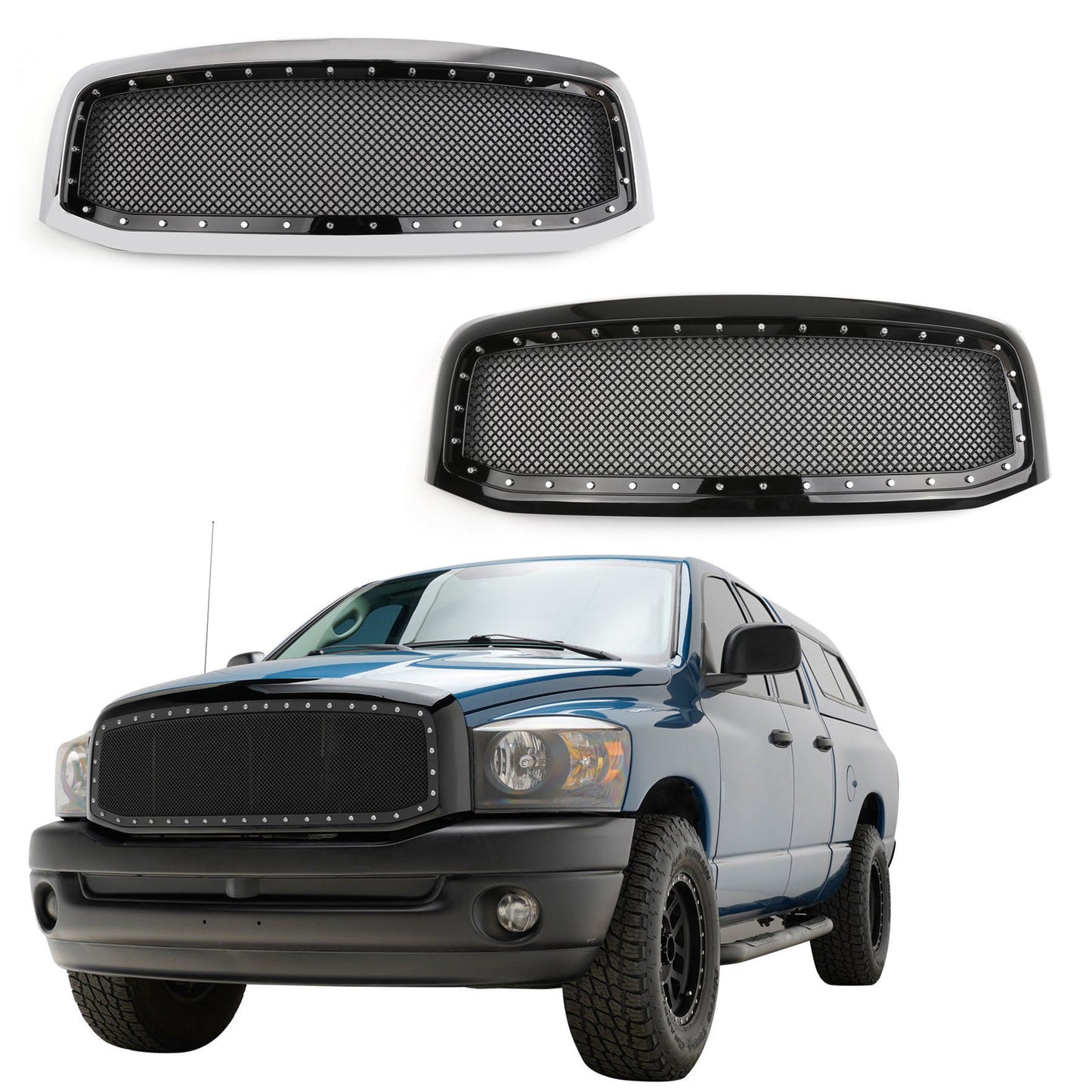 2006-2008 Dodge Ram 1500 2500 3500 Mesh Style Rivet Front Hood Grille — Black/Chrome