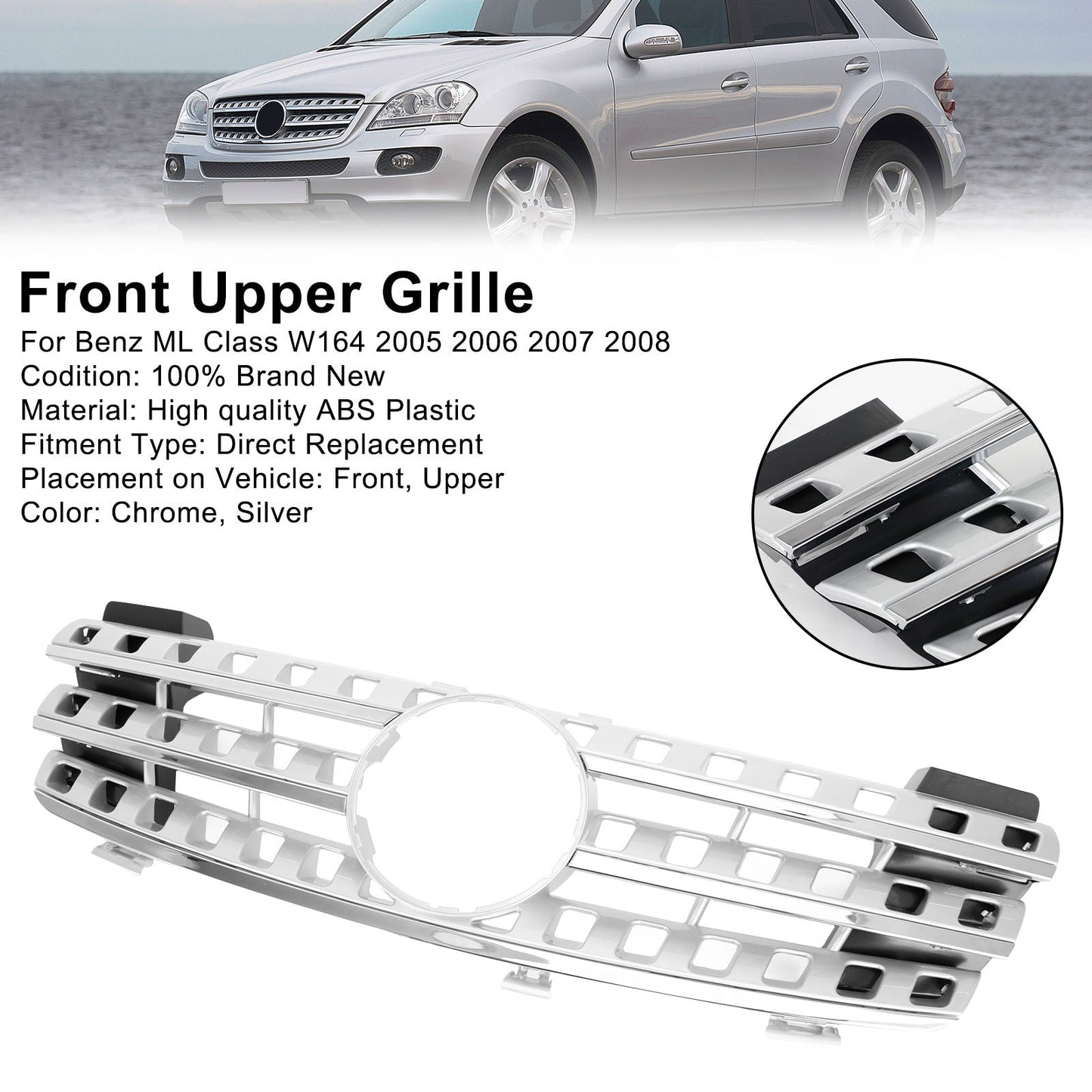2005-2008 Mercedes-Benz ML-Class W164 ML320 ML350 ML500 Chrome Front Upper Grille