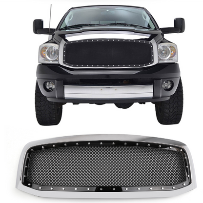 2006-2008 Dodge Ram 1500 2500 3500 Mesh Style Rivet Front Hood Grille — Black/Chrome