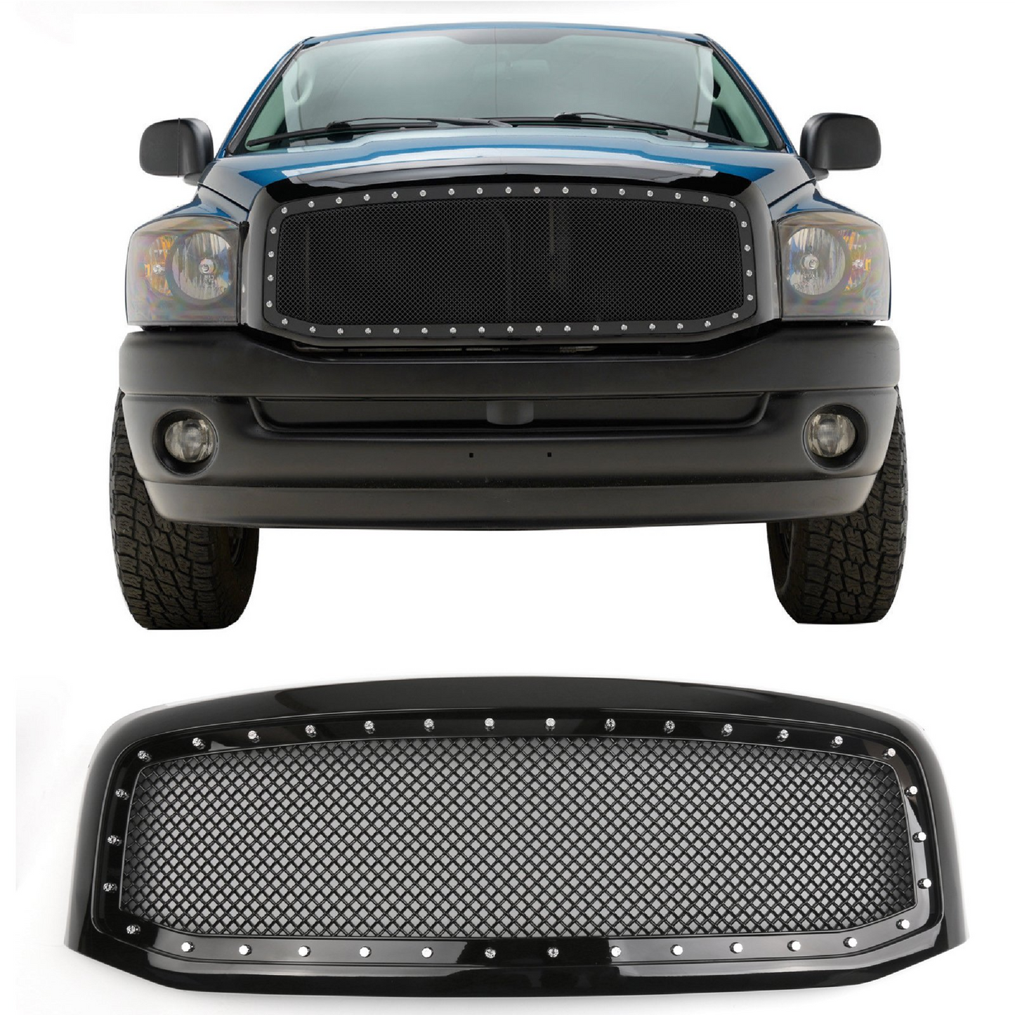 2006-2008 Dodge Ram 1500 2500 3500 Mesh Style Rivet Front Hood Grille — Black/Chrome