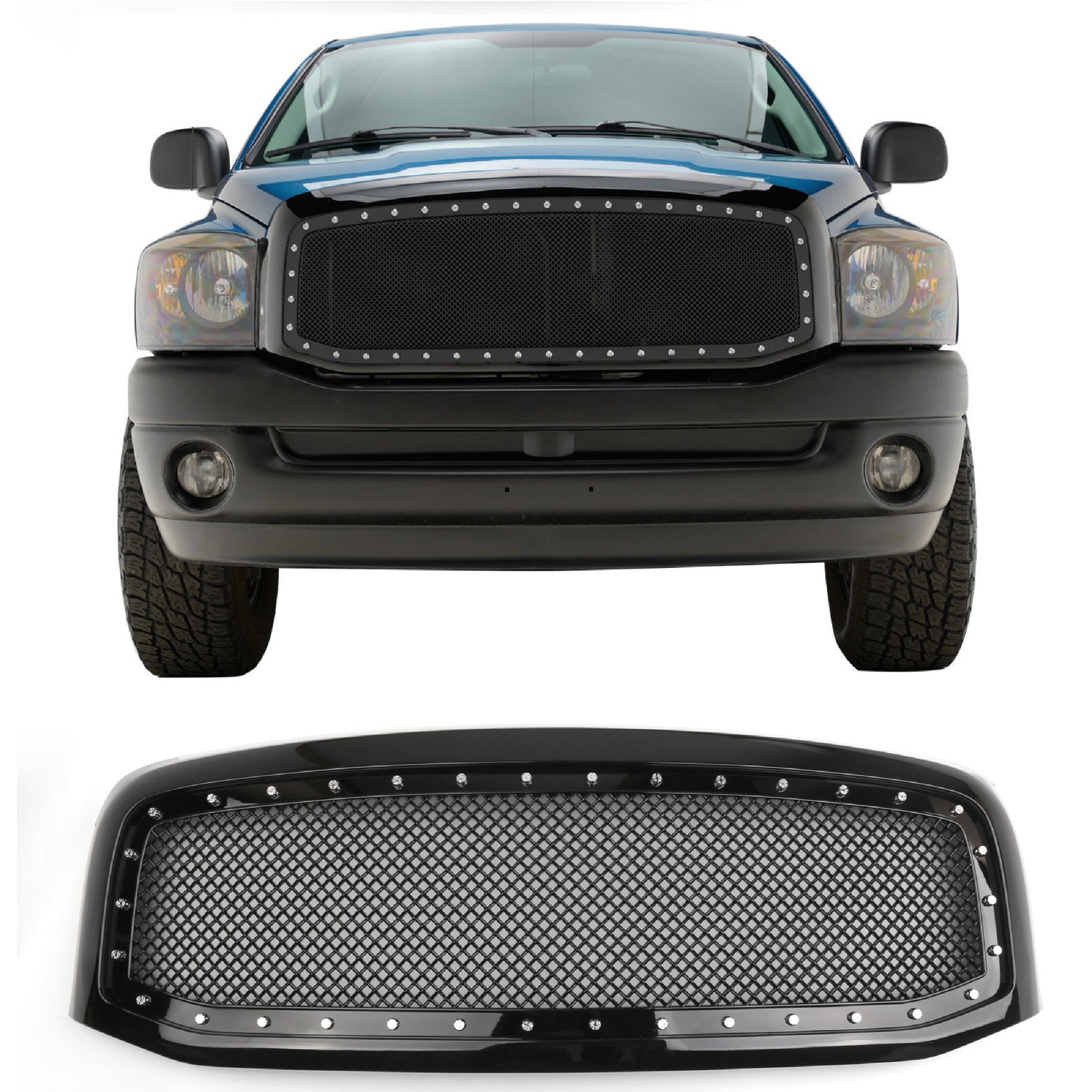 2006-2008 Dodge Ram 1500 2500 3500 Mesh Style Rivet Front Hood Grille — Black/Chrome