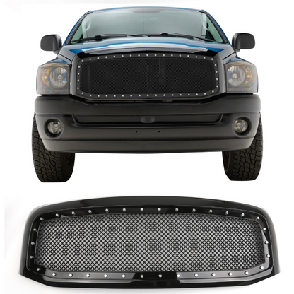 2006-2008 Dodge Ram 1500 2500 3500 Mesh Style Rivet Front Hood Grille — Black/Chrome