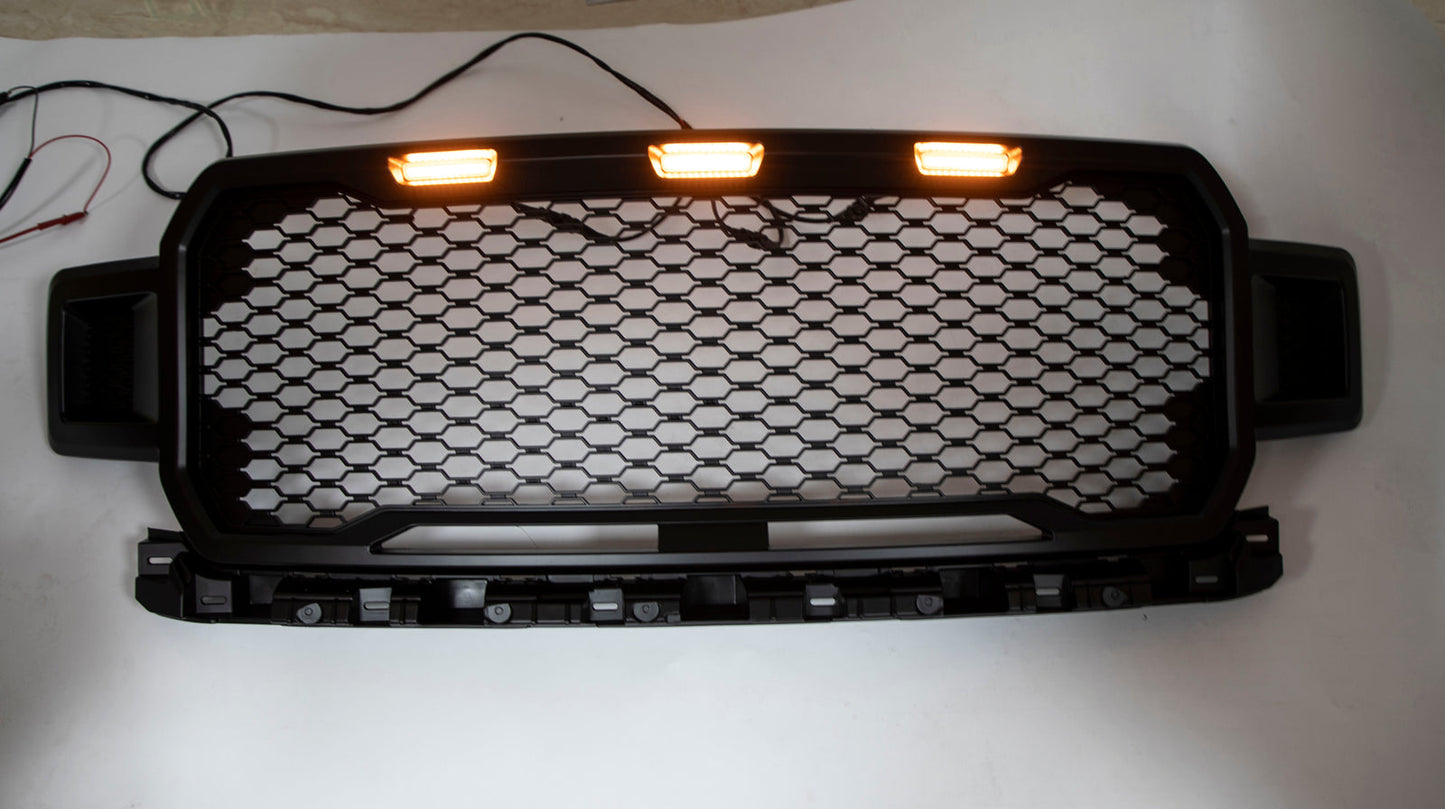 18-20 Ford F150 Honeycomb Grill Amber LED Raptor Style Grill Repalcment