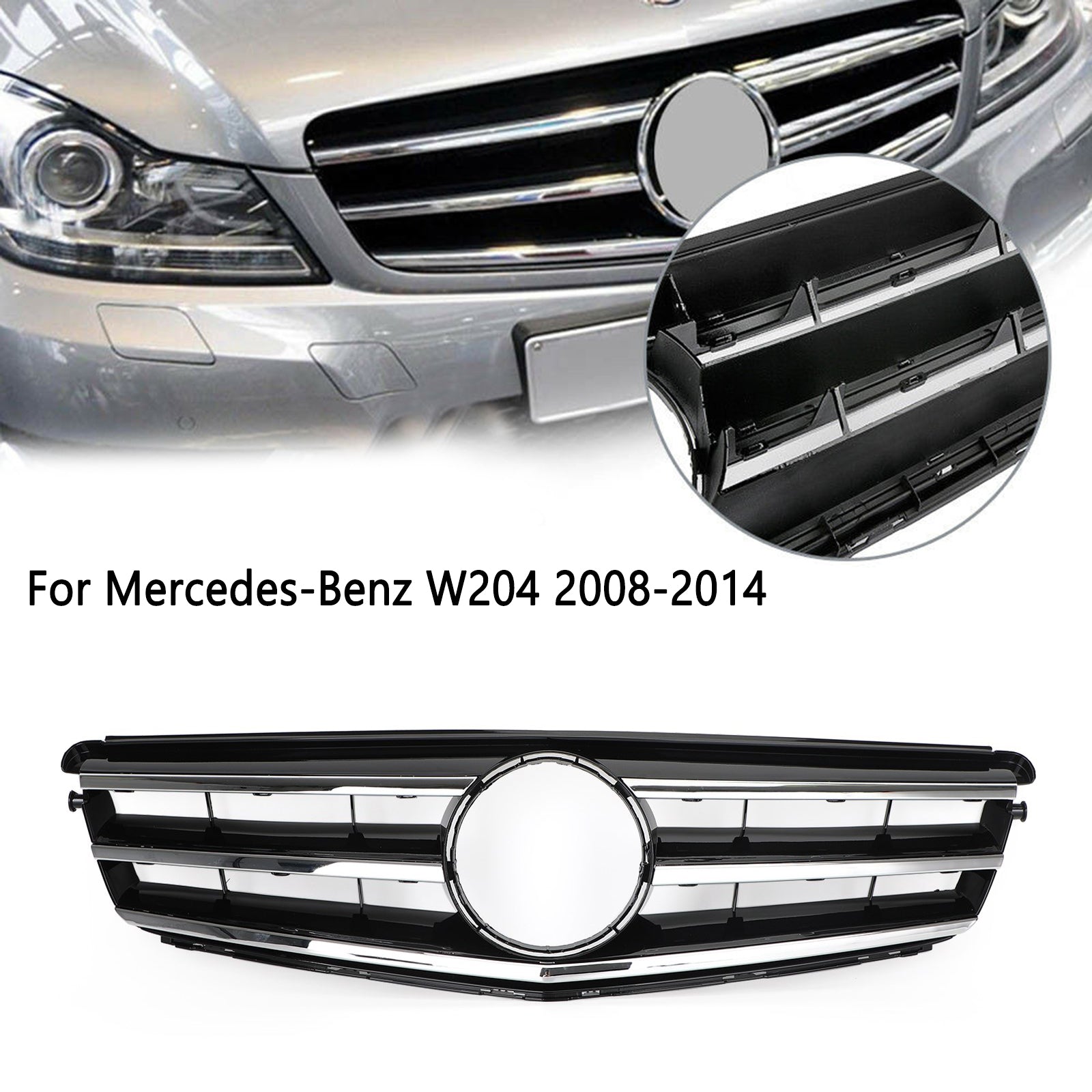 2008-2014 Mercedes-Benz C-Class W204 C300 C350 Black Chrome Front Bumper Grille with LED Emblem