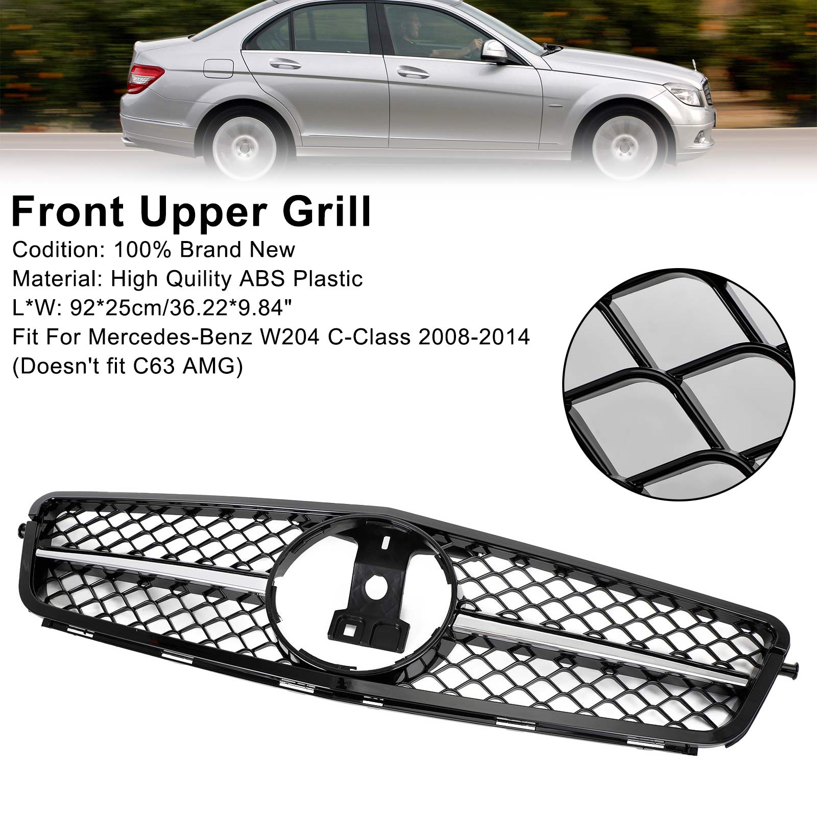 2008-2014 Mercedes-Benz C-Class W204 C300 C350 Gloss Black Chrome Front Grille