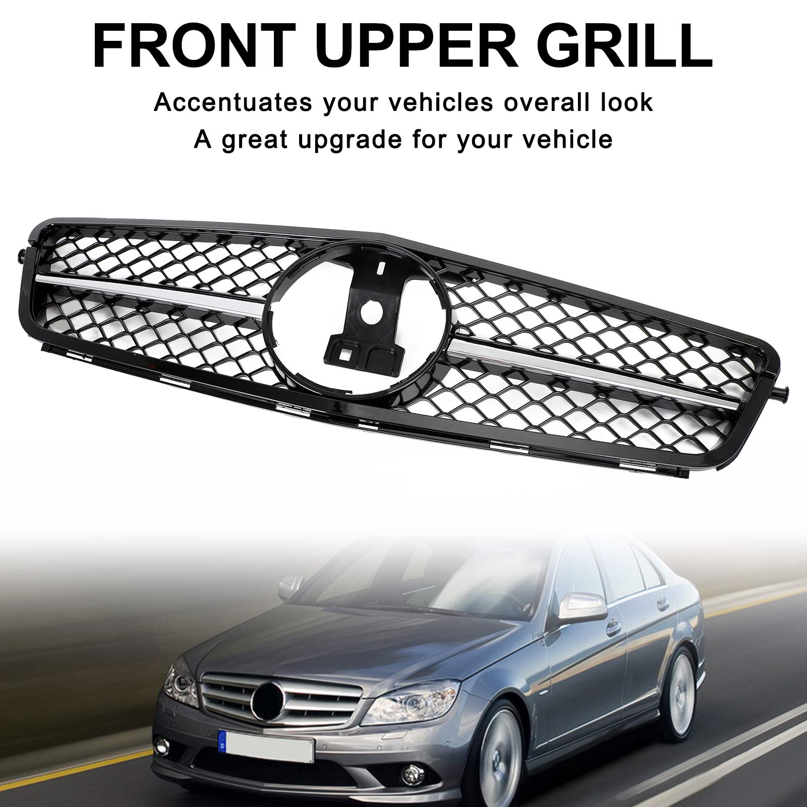 2008-2014 Mercedes-Benz C-Class W204 C300 C350 Gloss Black Chrome Front Grille