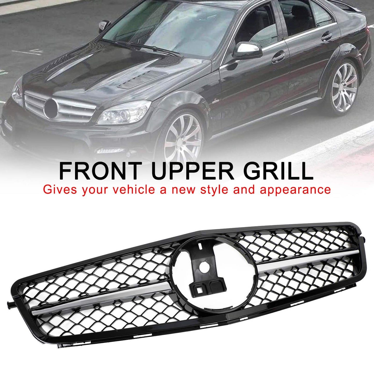 2008-2014 Mercedes-Benz C-Class W204 C300 C350 Gloss Black Chrome Front Grille