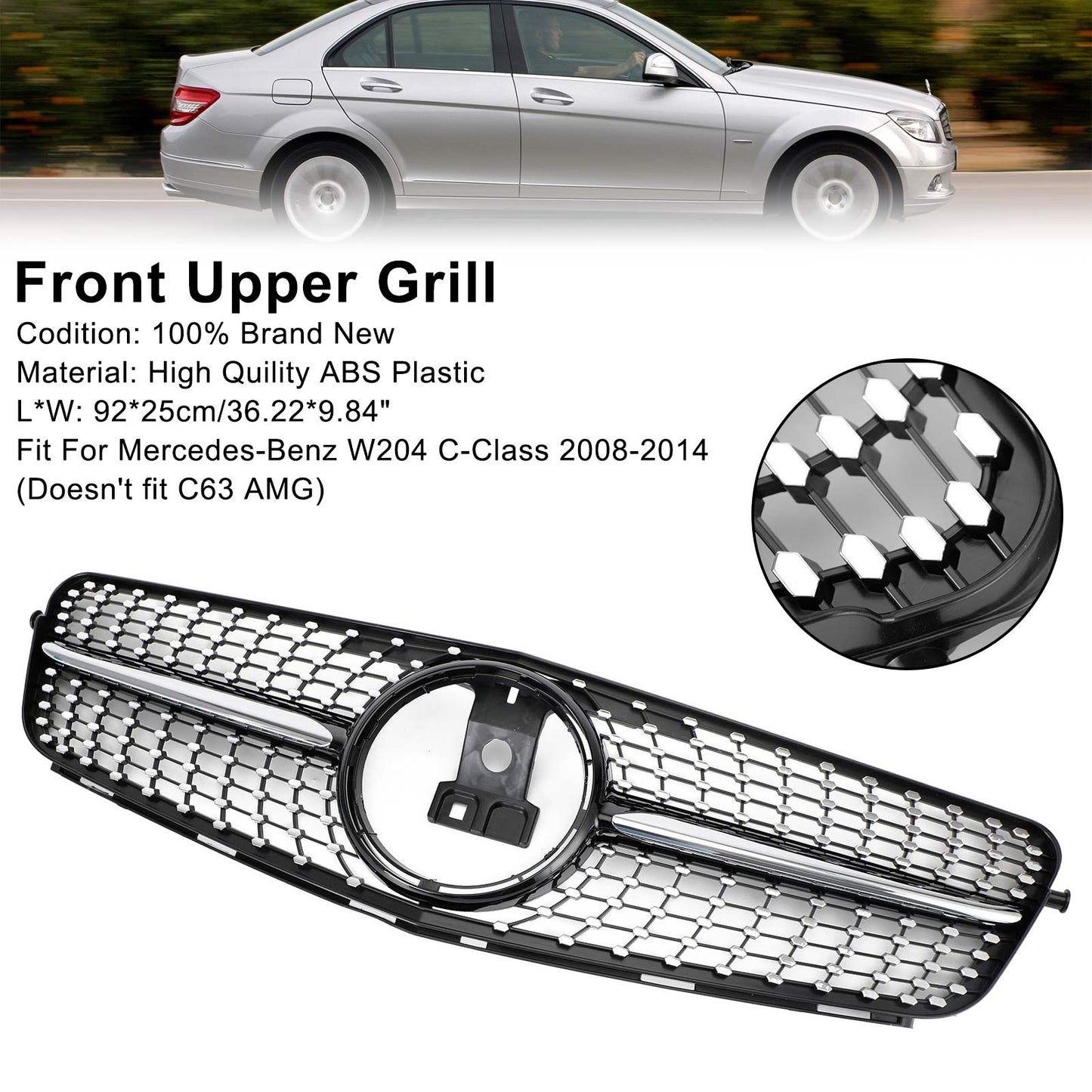 2008-2014 Mercedes-Benz C-Class W204 C200 C300 Diamond Black Chrome Front Grille with Emblem