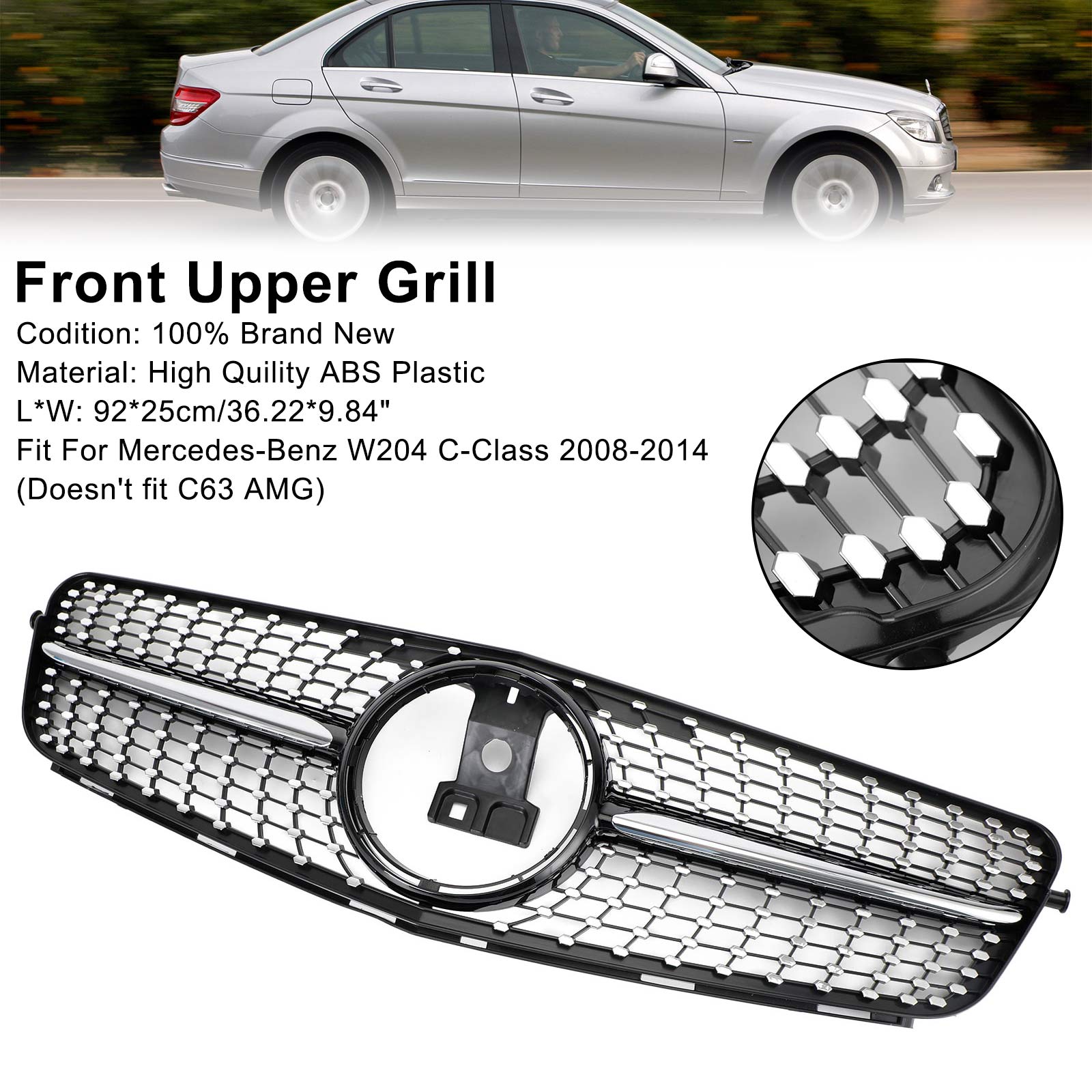 2008-2014 Mercedes-Benz C-Class W204 C200 C300 Diamond Black Chrome Front Grille with Emblem
