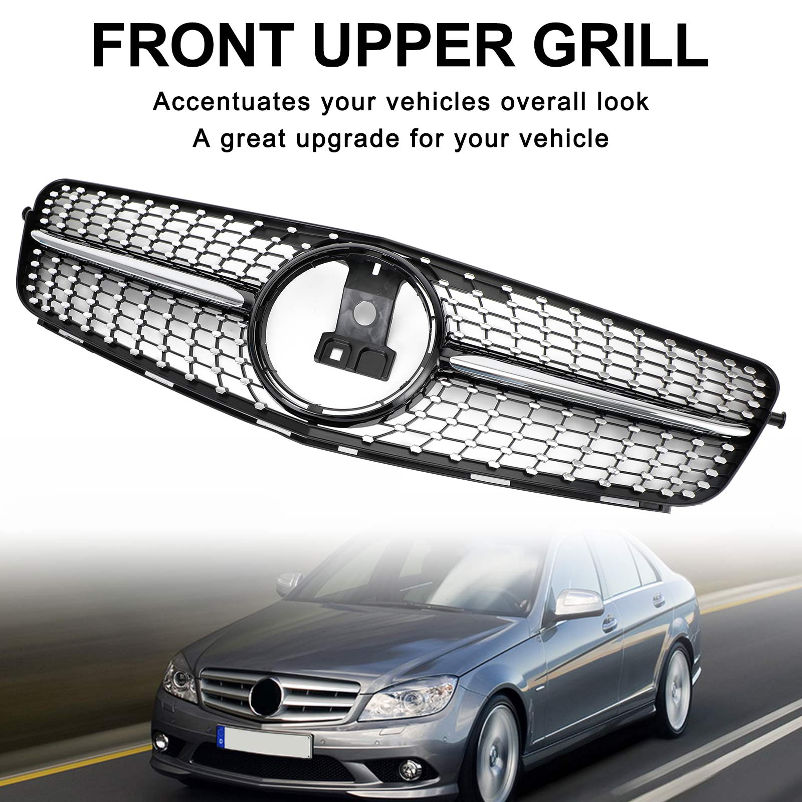 2008-2014 Mercedes-Benz C-Class W204 C200 C300 Diamond Black Chrome Front Grille with Emblem
