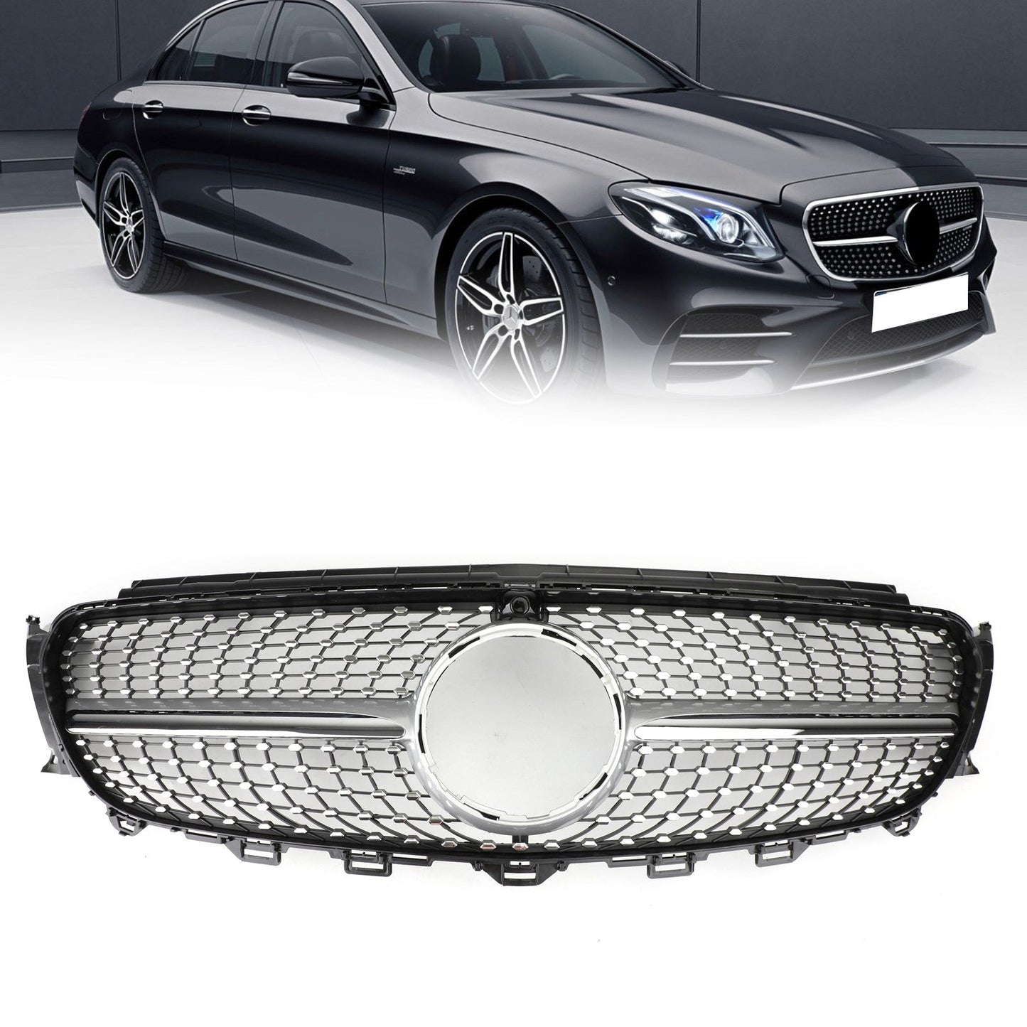 2017-2019 Mercedes-Benz E-Class W213 E200 E250 E300 Diamond Silver Border Front Grille