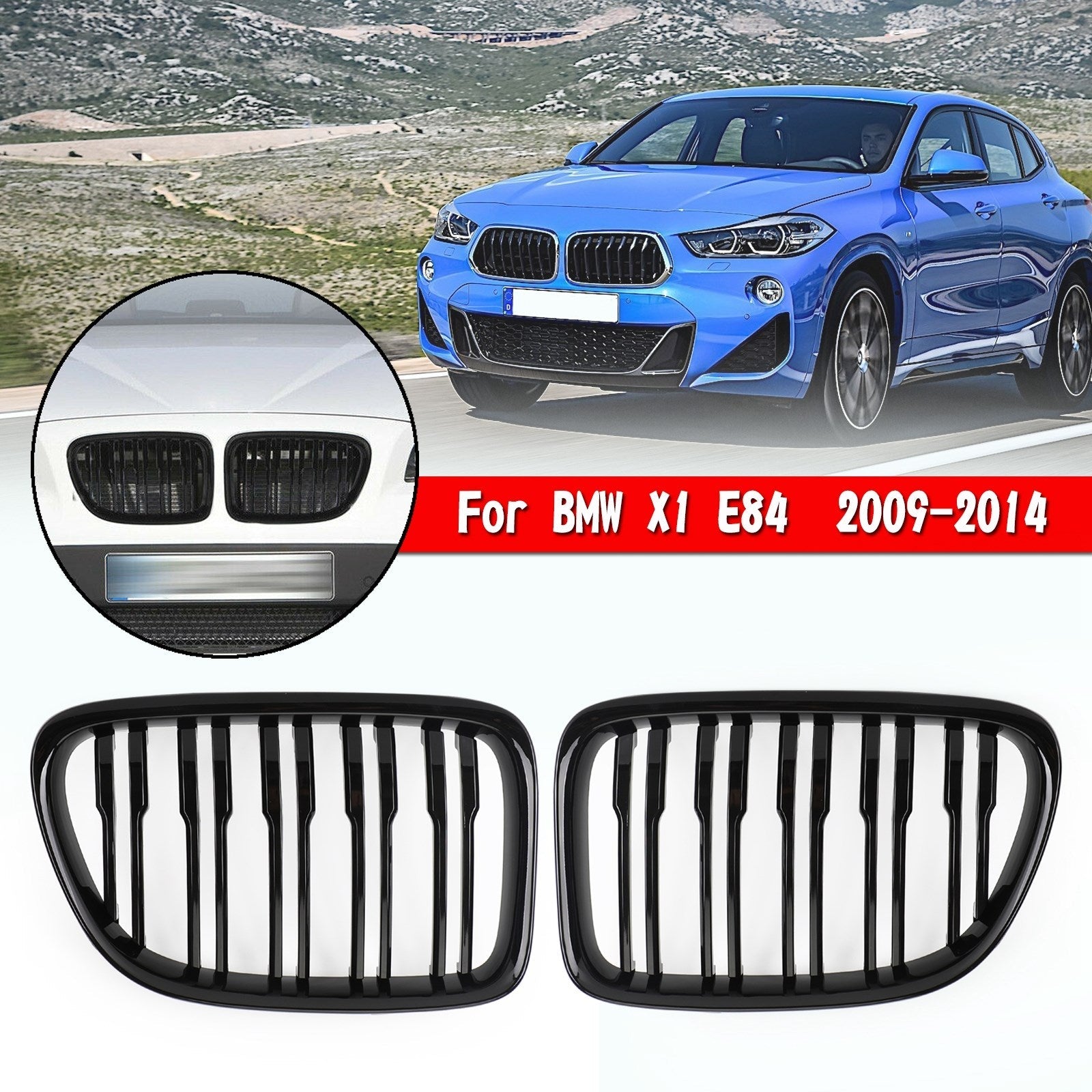 2009-2014 BMW X1 E84 Gloss Black Dual Slat Front Hood Kidney Grille
