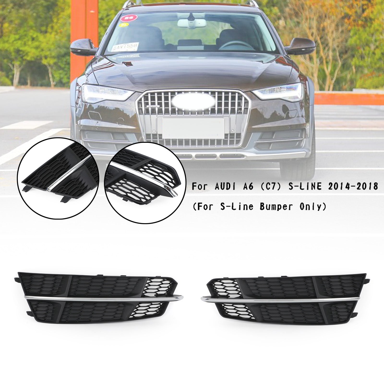 2016-2018 Audi A6 C7 S-Line Front Bumper Lower Grille — Black Chrome Pair