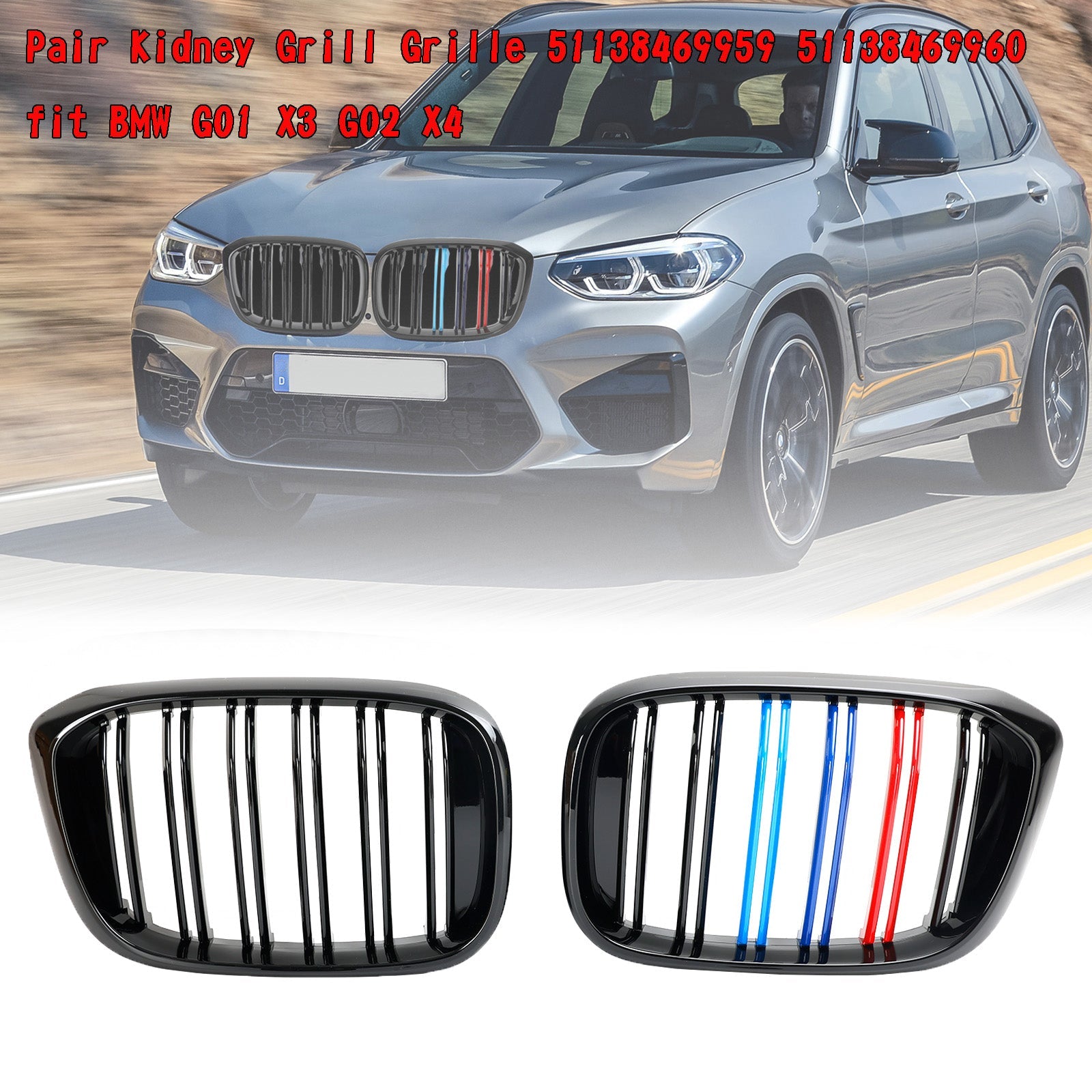 2018-2021 BMW X3 G01 / X4 G02 M-Color Gloss Black Front Kidney Grille — Pair (51138469959)