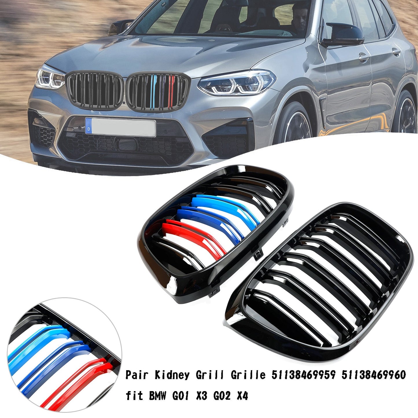 2018-2021 BMW X3 G01 / X4 G02 M-Color Gloss Black Front Kidney Grille — Pair (51138469959)