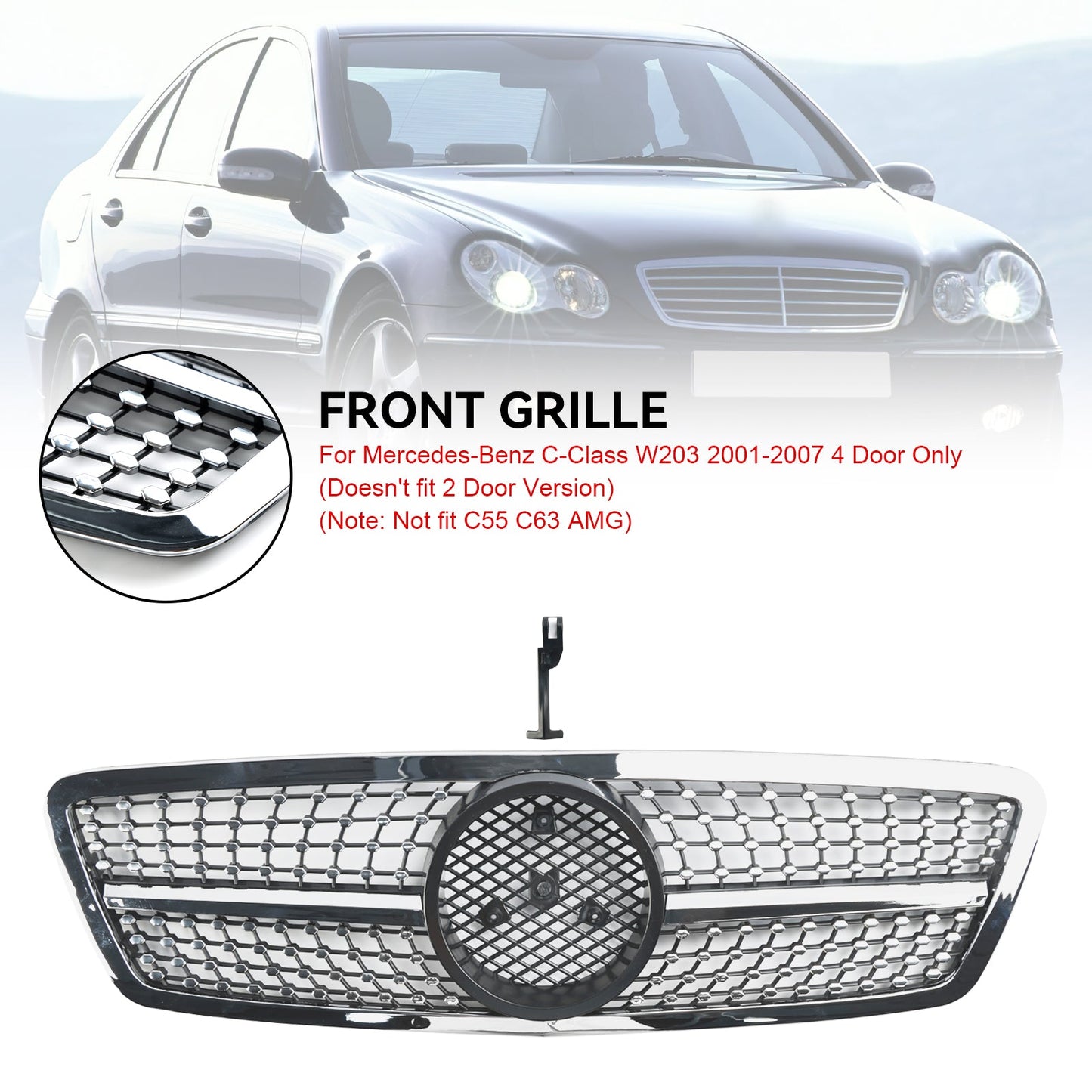 2001-2007 Mercedes-Benz C-Class W203 C230 C240 C320 Front Bumper Kidney Grille with Emblem