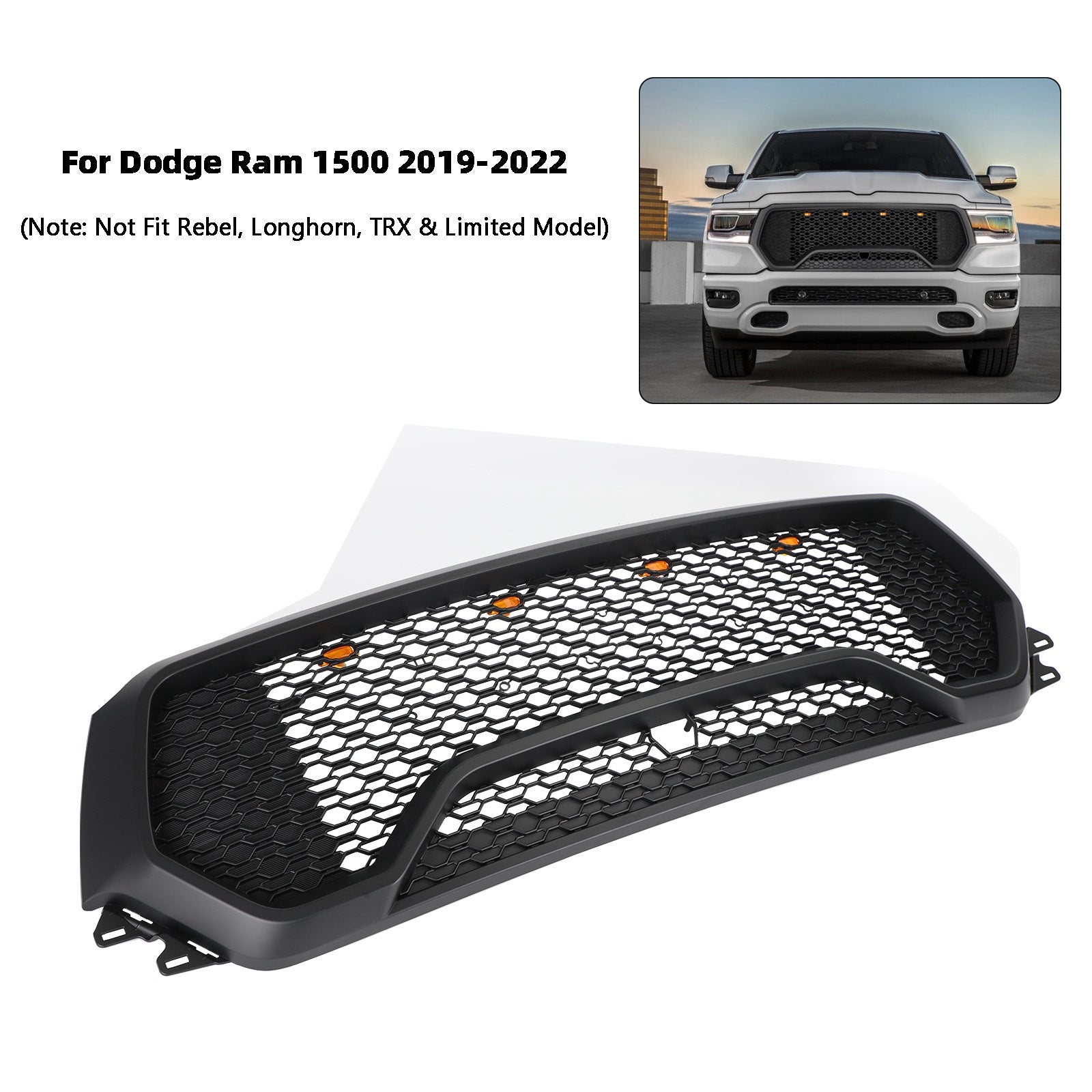 2019-2024 Dodge Ram 1500 TRX Style LED Honeycomb Front Upper Hood Grille