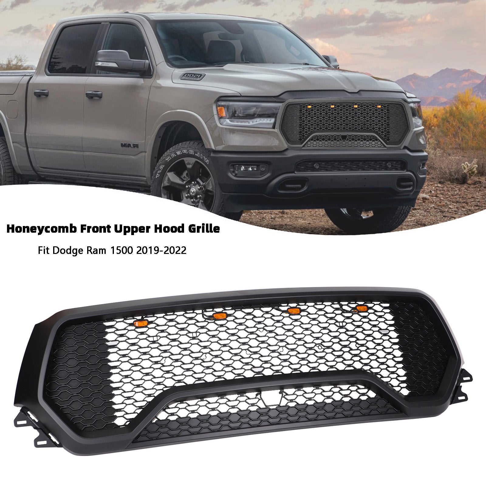 2019-2024 Dodge Ram 1500 TRX Style LED Honeycomb Front Upper Hood Grille