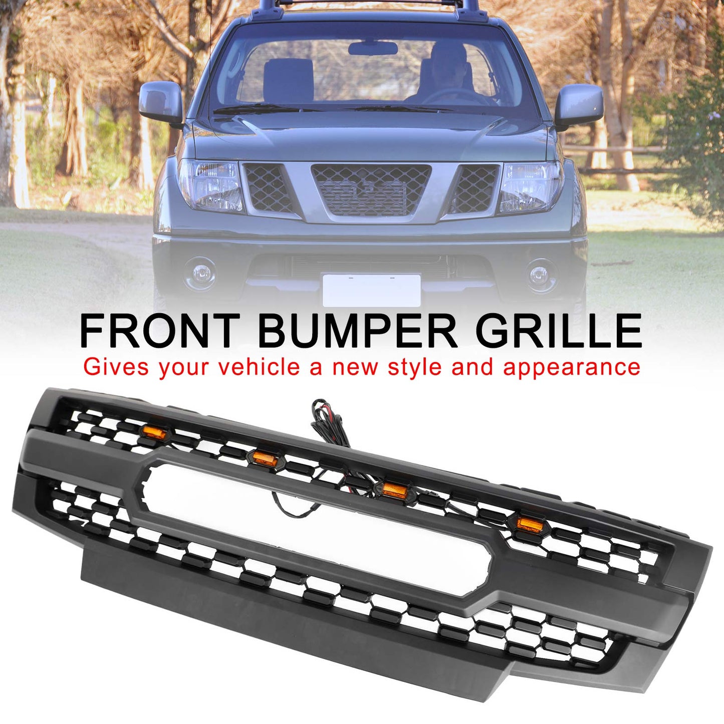 2009-2016 Nissan Frontier Black Front Bumper Grill Replacement with LED Amber Lights