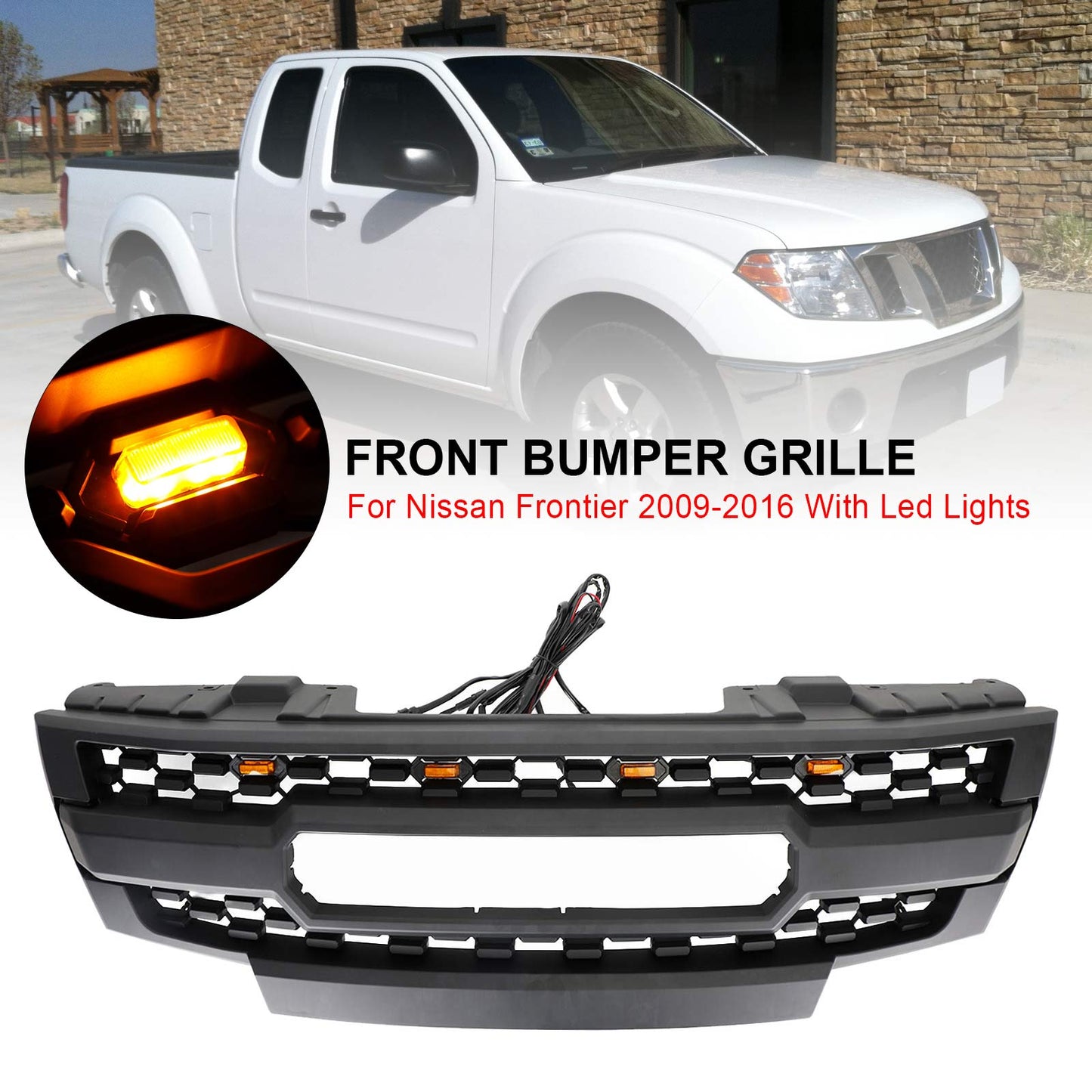 2009-2016 Nissan Frontier Black Front Bumper Grill Replacement with LED Amber Lights