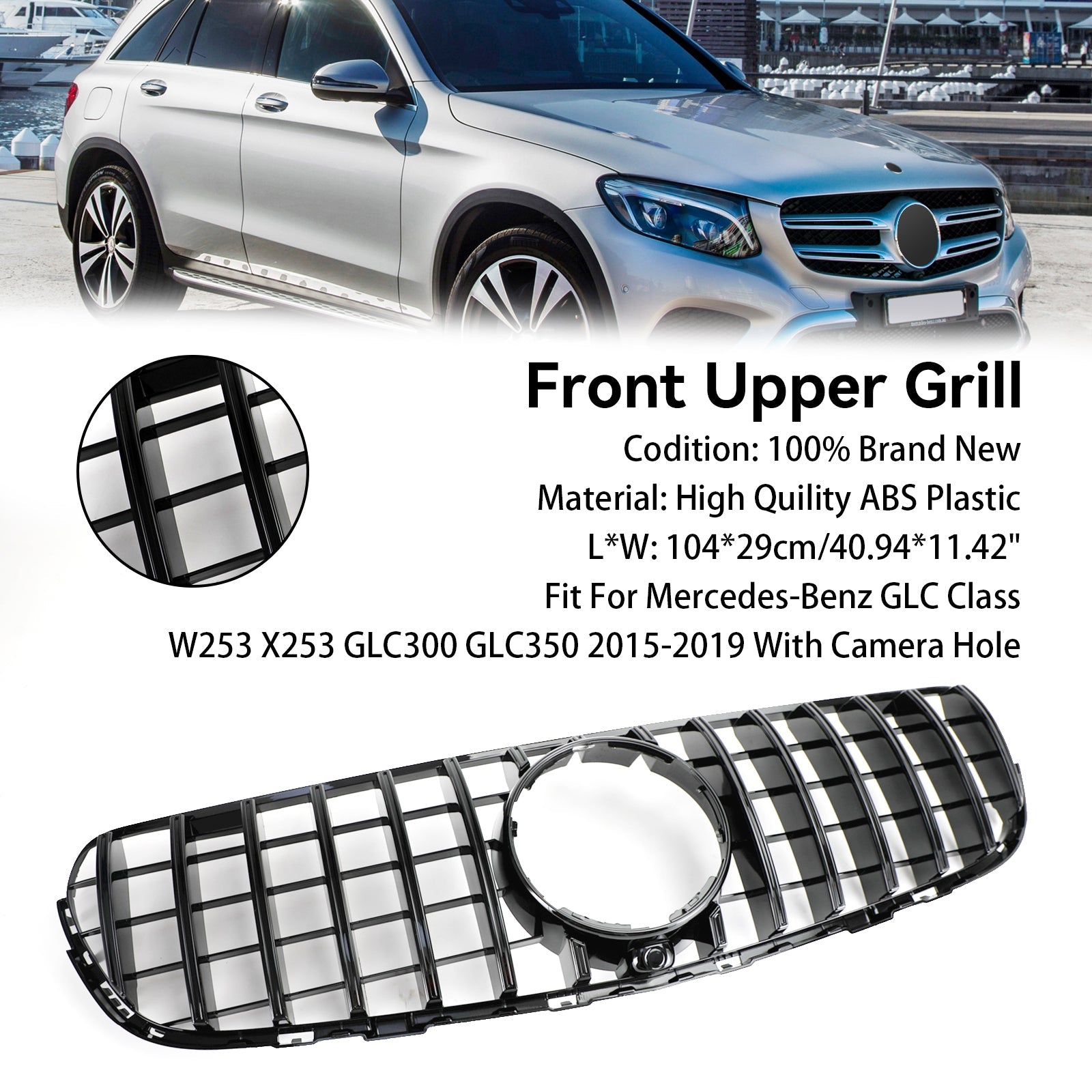 2015-2019 Mercedes-Benz GLC-Class W253 X253 GLC300 GLC350 Gloss Black Front Grille with Camera Hole