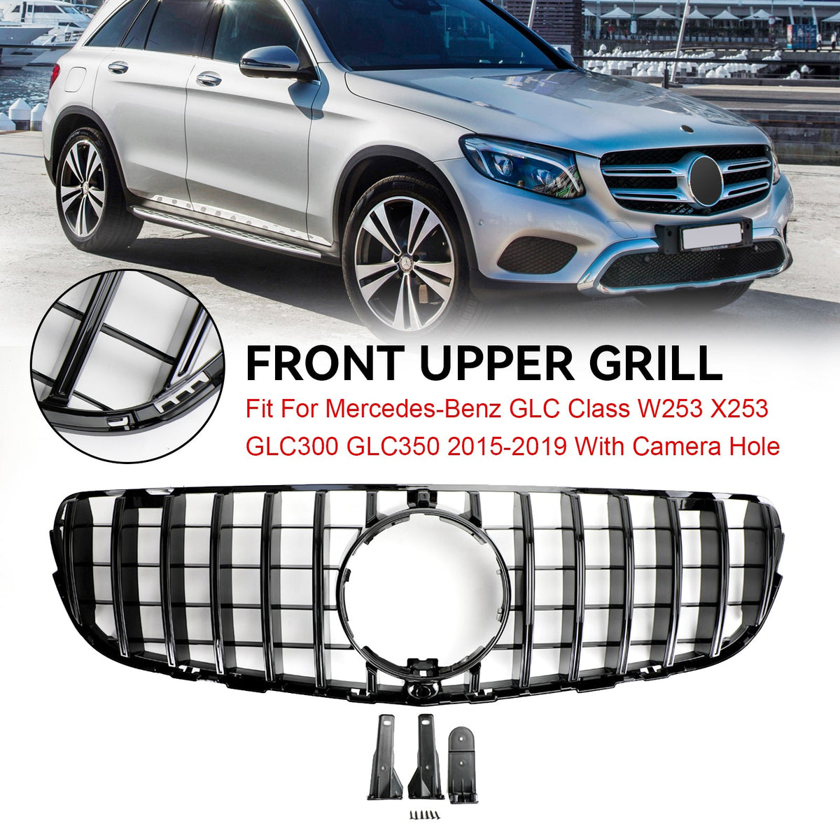 2015-2019 Mercedes-Benz GLC-Class W253 X253 GLC300 GLC350 Gloss Black Front Grille with Camera Hole