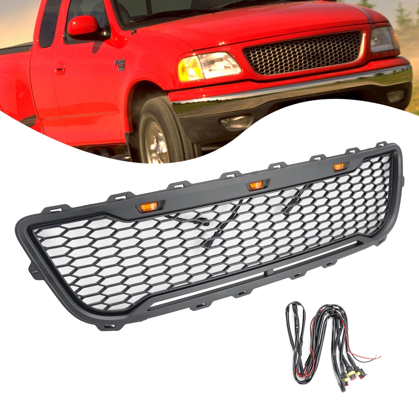 Ford F150 1999-2003 Matte Black Front Honeycomb Bumper Grill W/LED