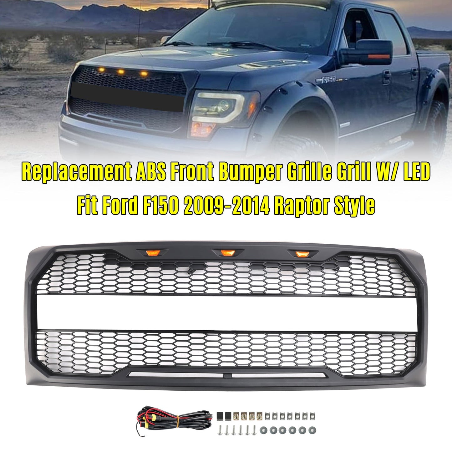 Ford F150 2009-2014 Black Raptor Style Front Bumper Grille Grill With LED