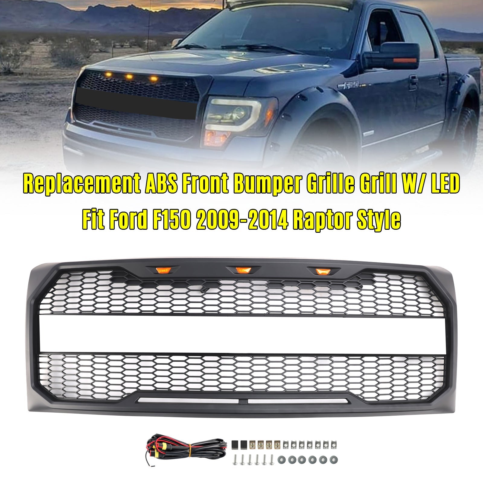 Ford F150 2009-2014 Black Raptor Style Front Bumper Grille Grill With LED