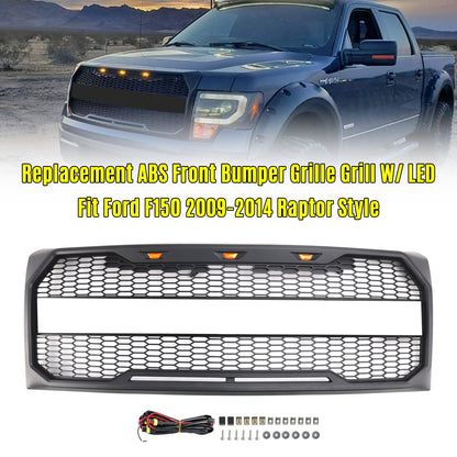 2009-2014 Ford F150 Black Raptor Style Front Bumper Grille Grill With LED
