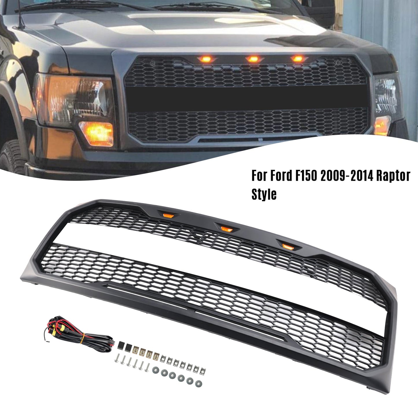 Ford F150 2009-2014 Black Raptor Style Front Bumper Grille Grill With LED