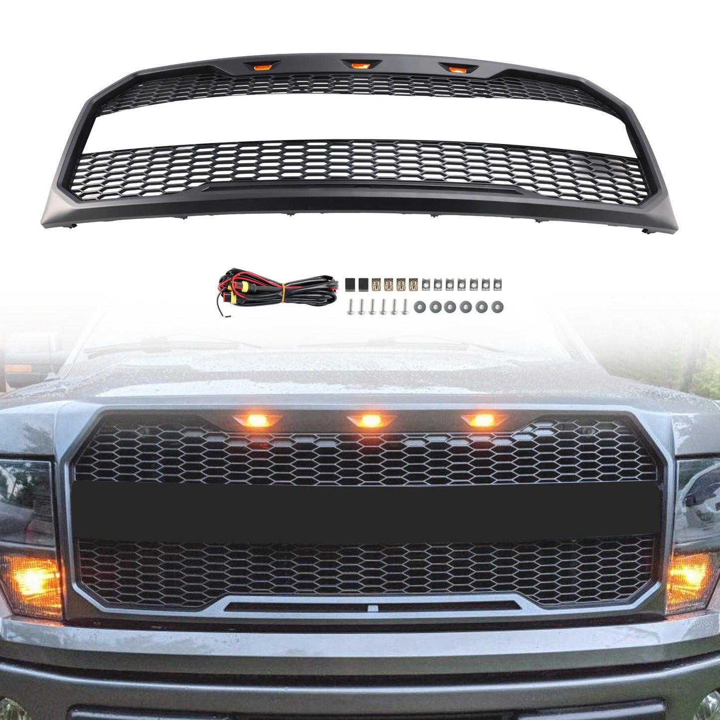2009-2014 Ford F150 Black Raptor Style Front Bumper Grille Grill With LED