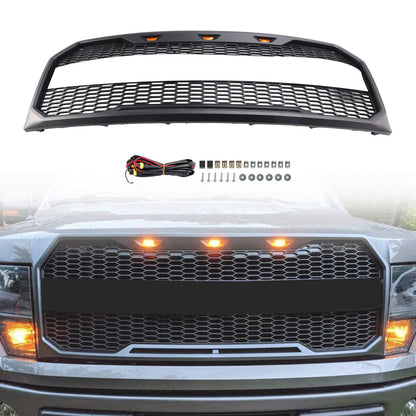 2009-2014 Ford F150 Black Raptor Style Front Bumper Grille Grill With LED