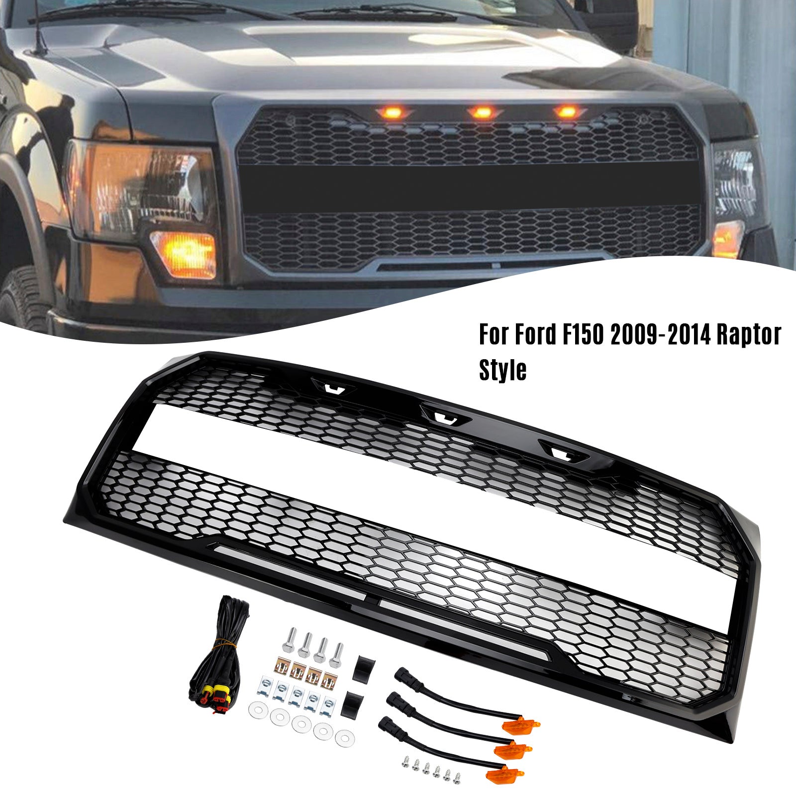 2009-2014 Ford F150 Gloss Black Raptor Style Front Bumper Grille Grill Generic