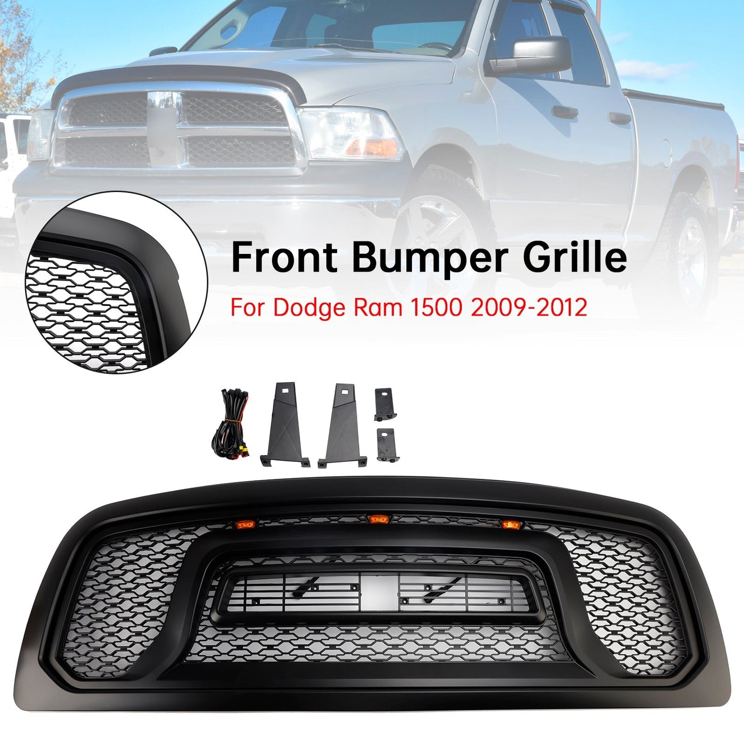 2009-2012 Dodge Ram 1500 Black Front Bumper Grille with LED Light