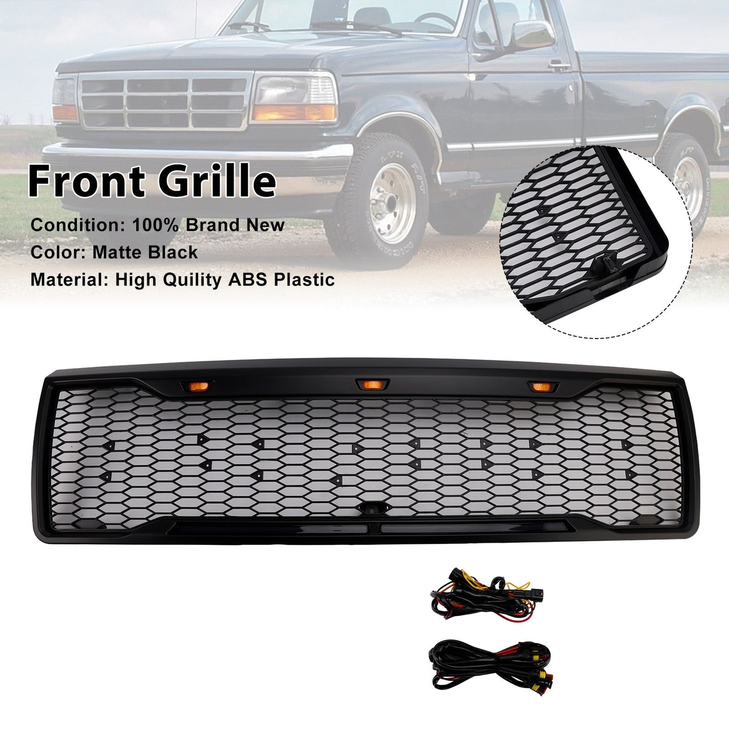 1992-1996 Ford F150 Matte Black Front Honeycomb Bumper Grill W/ Led